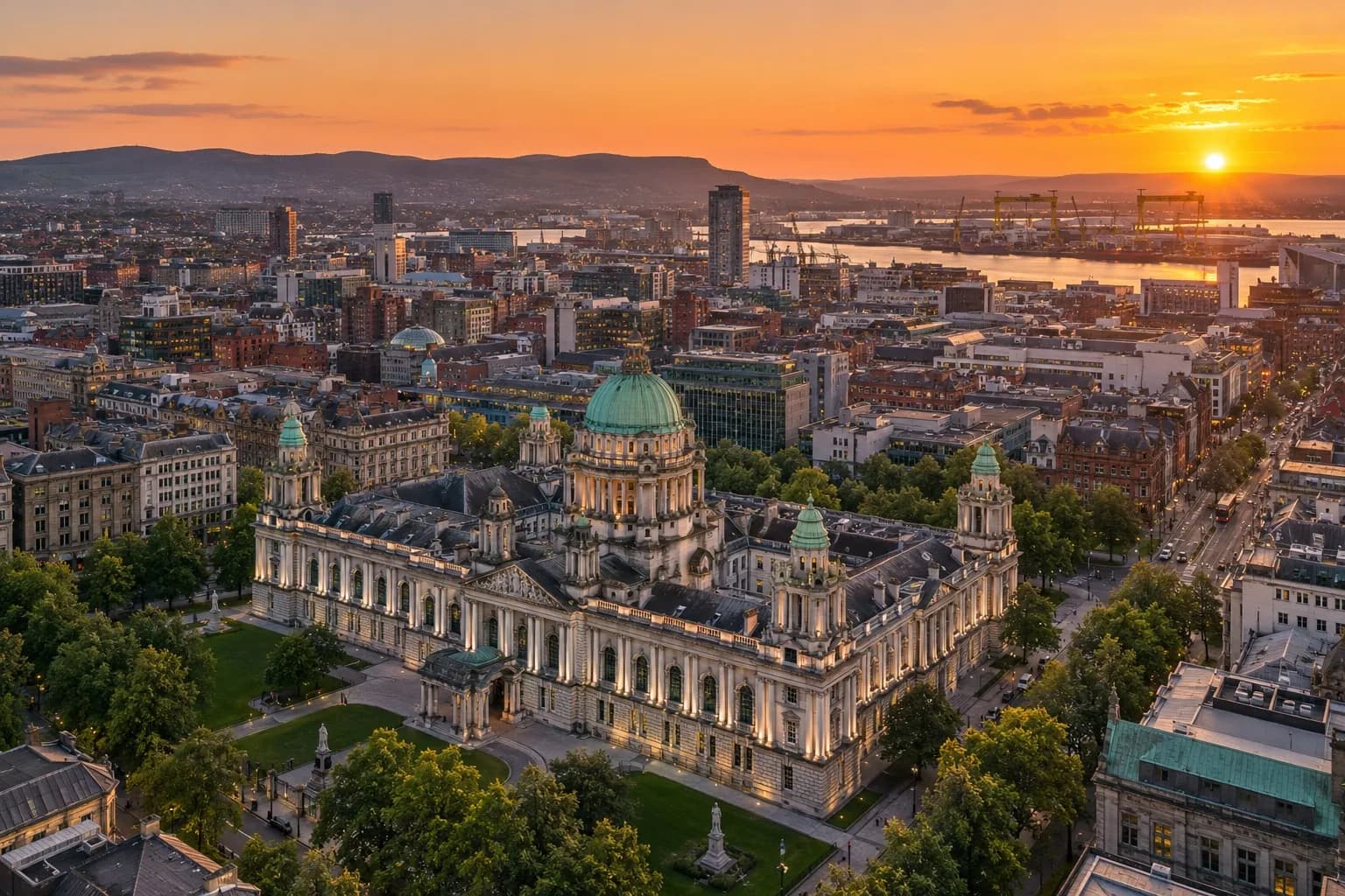 Aerial view of Belfast City Hall at sunset, with the Harland & Wolff cranes and Belfast Lough beyond